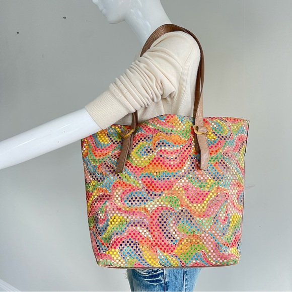 SONDRA ROBERTS Boho Multicolor Mosaic Cork w Pouch Shopping Shoulder Bag Tote - Picture 13 of 13